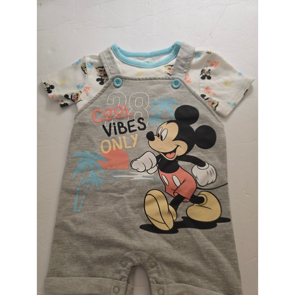 Disney Baby Mickey Mouse Cool Vibes Only Gray Overalls and T-Shirt Set 6-9M